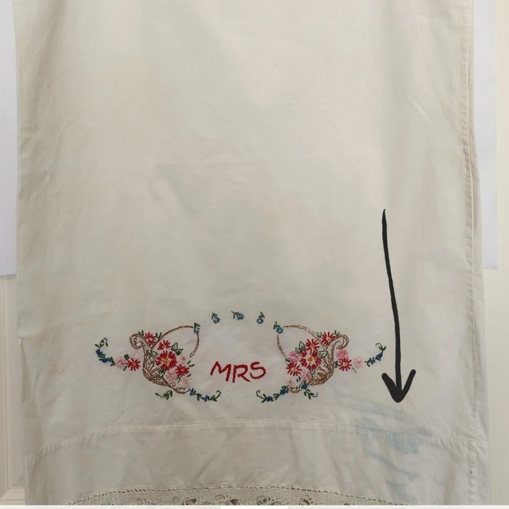 Embroidered Penny's Mrs. Pillowcase with lace edge 20.5 x 30.5 inches